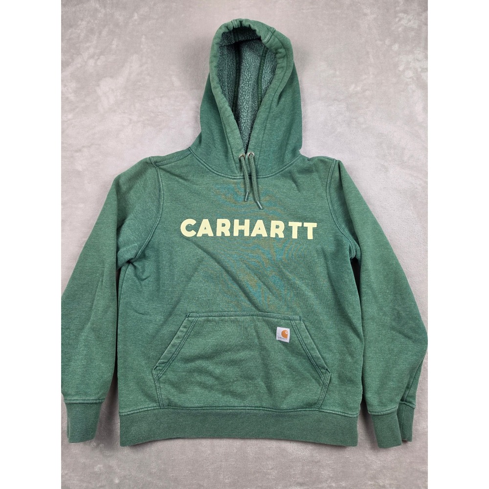 Carhartt Hoodie Women M Green Graphic Logo Relaxed Fleece Sweatshirt Workwear‎
